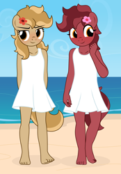 Size: 2268x3263 | Tagged: safe, artist:tolpain, oc, oc only, oc:peanut toffy, oc:raspberry toffy, anthro, earth pony, plantigrade anthro, anthro oc, anthro pony, barefoot, beach, belly button, blushing, clothes, cute, dress, duo, female, filly, flower, flower in hair, foal, fraternal twins, ocbetes, outdoors, siblings, sisters, smiling, sundress, twin sisters, twins, white dress