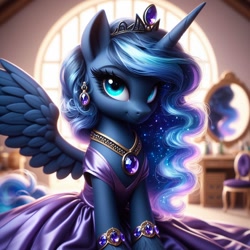 Size: 1024x1024 | Tagged: safe, ai content, machine learning generated, princess luna, alicorn, pony, alternate accessories, bing, chair, clothes, dress, female, galaxy mane, indoors, jewelry, looking at you, mare, mirror, purple dress, regalia, smiling, smiling at you, solo