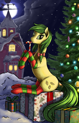 Size: 2131x3332 | Tagged: safe, artist:lightly-san, artist:lunebat, derpibooru import, apple fritter, earth pony, pony, collaboration, g4, apple family member, candy, candy cane, christmas, christmas tree, clothes, female, food, holiday, looking at you, mare, moon, present, sitting, snow, snowfall, socks, solo, striped socks, tree