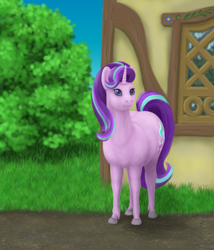 Size: 1286x1500 | Tagged: source needed, safe, artist:soobel, derpibooru import, starlight glimmer, pony, unicorn, g4, bush, female, grass, house, mare, ponyville, solo, street, summer, window