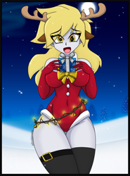 Size: 2200x2977 | Tagged: safe, artist:dibujoschidosdelabad, derpibooru import, derpy hooves, human, equestria girls, g4, antlers, breasts, christmas, derpy loaves, female, high res, holiday, open mouth, open smile, present, reindeer antlers, smiling, solo