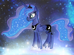 Size: 3050x2250 | Tagged: safe, artist:paajbach, color edit, derpibooru import, edit, editor:wojtek-ツ, princess luna, alicorn, pony, g4, bust, colored, colorful, crown, digitally colored, dream realm, dream walker luna, ethereal mane, female, glowing, hoof shoes, horn, jewelry, magic, magic aura, mare, pencil drawing, peytral, portrait, regalia, signature, smiling, solo, sparkles, standing, starry mane, starry night, starry tail, stars, tail, traditional art