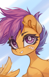 Size: 2625x4096 | Tagged: safe, artist:jfrxd, derpibooru import, scootaloo, pegasus, pony, g4, bandaid, bust, eye clipping through hair, eyebrows, eyebrows visible through hair, female, filly, foal, grin, looking at you, portrait, smiling, solo