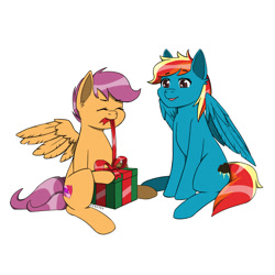 Size: 2000x2000 | Tagged: safe, artist:erein, derpibooru import, scootaloo, oc, oc:storm, pegasus, pony, g4, brown eyes, christmas, christmas presents, colored, commission, cute, duo, ears up, eyes closed, female, flat colors, happy, holiday, male, mouth hold, multicolored hair, parents:canon x oc, pegasus oc, present, simple background, smiling, spread wings, white background, wingding eyes, wings