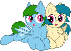 Size: 3303x2381 | Tagged: safe, artist:fliegerfausttop47, artist:guardian talon, derpibooru import, oc, oc only, oc:icy, oc:vel, bat pony, pegasus, pony, 2024 community collab, chest fluff, couple, derpibooru community collaboration, duo, ear fluff, ears, fangs, female, fluffy, lying down, male, mare, simple background, smiling, stallion, transparent background, wing fluff, wings