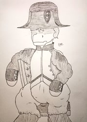 Size: 733x1024 | Tagged: safe, artist:cap_watching, derpibooru import, bicorne, chair, hat, napoleon bonaparte, pencil drawing, solo, traditional art