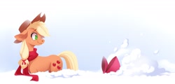 Size: 2949x1419 | Tagged: safe, artist:28gooddays, derpibooru import, apple bloom, applejack, earth pony, pony, g4, apple bloom's bow, apple sisters, bow, clothes, deep snow, duo, ears, female, filly, floppy ears, foal, hair bow, looking back, mare, scarf, siblings, sisters, snow, winter