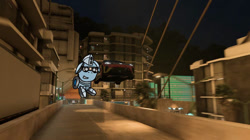 Size: 828x465 | Tagged: safe, artist:foxfer64_yt, derpibooru import, oc, oc only, oc:silverstream (robot pony), original species, pony, car, city, confident, ears back, highway, jumping, night, photo, race, racecar, solo