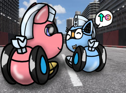 Size: 828x613 | Tagged: safe, artist:foxfer64_yt, derpibooru import, oc, oc only, oc:silverstream (robot pony), oc:trackhead, original species, pony, robot, robot pony, chatting, city, day, duo, happy, highway, looking at each other, looking at someone, photo, siblings, skyscraper, smiling, wheelpone