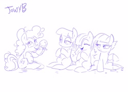 Size: 3425x2480 | Tagged: safe, artist:jowyb, derpibooru import, limestone pie, marble pie, maud pie, pinkie pie, earth pony, pony, g4, cute, diapinkes, eyes closed, female, filly, filly pinkie pie, foal, hand puppet, happy, lidded eyes, marblebetes, maudabetes, monochrome, open mouth, open smile, pie sisters, puppet, siblings, simple background, sisters, smiling, unamused, white background, yo-yo, younger