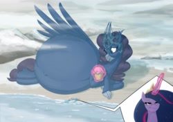 Size: 5011x3531 | Tagged: safe, artist:carnifex, derpibooru import, twilight sparkle, twilight sparkle (alicorn), oc, oc:marinia, alicorn, hippogriff, kaiju, kaiju pony, monster pony, belly, belly button, big belly, blushing, crown, cupcake, duo, duo female, female, fetish, food, hippogriff oc, huge belly, hyper, hyper belly, hyper pregnancy, imminent nom, impossibly large belly, jewelry, lying down, macro, magic, mist, ocean, on side, pregnant, regalia, scenery, sharp teeth, ship, smiling, smug, teeth, water