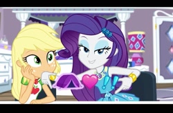 Size: 719x472 | Tagged: safe, derpibooru import, screencap, applejack, rarity, equestria girls, g4, apple, clothes, dress, duo, duo female, exclamation point, female, food, heart, implied lesbian, implied rarijack, implied shipping, jewelry, pun, shipping fuel, shirt, tent, visual pun