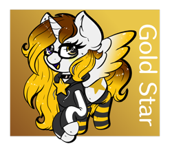 Size: 1000x900 | Tagged: safe, artist:txc, derpibooru import, oc, oc only, oc:gold star, clothes, glasses, gradient background, no source available, simple background, socks, stockings, striped socks, tail, text, thigh highs, transparent background, yellow mane, yellow tail