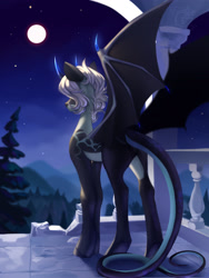 Size: 1800x2400 | Tagged: safe, artist:ryusya, derpibooru import, oc, pony, castle, demon wings, devil horns, horns, moon, night, solo, tail, wings