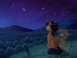 Size: 2400x1800 | Tagged: safe, artist:sirzi, derpibooru import, oc, oc only, pony, unicorn, duo, horn, mountain, night, scenery, stars, unicorn oc