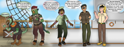 Size: 3108x1185 | Tagged: safe, artist:sparkbolt3020, derpibooru import, boyle, captain celaeno, lix spittle, anthro, bird, human, comic, commission, humanized, mind control, mullet (g4), parrot pirates, pirate, pirate ship, reality shift, speech bubble, squabble, transformation