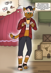 Size: 1614x2283 | Tagged: safe, artist:sparkbolt3020, derpibooru import, capper dapperpaws, human, g4, bits, card, clothes, clothing transformation, comic, commission, cup, dice, humanized, inanimate tf, mind control, reality shift, thought bubble, transformation, transformation sequence