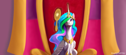 Size: 3597x1580 | Tagged: safe, ai content, derpibooru import, edit, editor:emptyplotfiller, machine learning assisted, machine learning generated, princess celestia, alicorn, fanfic:crossing the trixie bridge:a new life in the crystal empire, g4, canterlot castle, canterlot throne room, mirror, throne