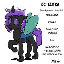 Size: 1200x1200 | Tagged: safe, artist:pony-berserker, derpibooru import, oc, oc only, oc:elitra, changeling, changeling oc, commission, outcast, purple changeling, reference sheet, simple background, solo, white background