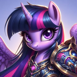 Size: 1024x1024 | Tagged: safe, ai content, derpibooru import, generator:dall-e 3, machine learning generated, twilight sparkle, twilight sparkle (alicorn), alicorn, pony, g4, armor, armored pony, bust, detailed, female, gradient background, looking at you, mare, prompter needed, shoulder pads, solo, spread wings, wings