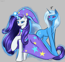 Size: 2044x1946 | Tagged: safe, artist:renarde-louve, derpibooru import, rarity, trixie, pony, unicorn, g4, accessory theft, cape, clothes, duo, female, hat, mare, trixie's cape, trixie's hat