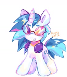 Size: 1469x1673 | Tagged: safe, artist:funnyhat12, derpibooru import, dj pon-3, vinyl scratch, pony, unicorn, g4, blue mane, blue tail, female, grin, headphones, horn, mare, signature, simple background, smiling, solo, tail, white background