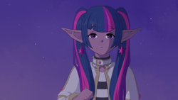 Size: 1920x1080 | Tagged: safe, artist:tanatos, derpibooru import, twilight sparkle, elf, g4, anime, clothes, crossover, ear piercing, earring, eyebrows, eyebrows visible through hair, female, frieren, frieren: beyond journey's end, jewelry, night, night sky, piercing, pigtails, pony coloring, sky, solo, species swap, twintails