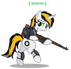 Size: 4493x4380 | Tagged: safe, artist:equestria secret guard, derpibooru import, oc, oc only, oc:446, pony, unicorn, fallout equestria, ammunition, armor, bandage, bipedal, bullet, clothes, design, gun, horn, jumpsuit, looking around, pipbuck, rifle, simple background, solo, transparent background, unicorn oc, vault suit, walking, weapon, worried