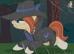 Size: 4332x3169 | Tagged: safe, artist:r4hucksake, derpibooru exclusive, derpibooru import, oc, oc only, oc:frazzle, earth pony, pony, alternate hairstyle, angry, detective outfit, ears back, eyeshadow, female, forest background, makeup, mare, narrowed eyes, rain, solo