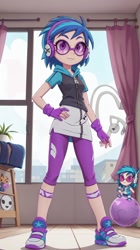 Size: 808x1440 | Tagged: safe, ai content, derpibooru import, generator:stable diffusion, machine learning generated, dj pon-3, vinyl scratch, human, equestria girls, g4, :3, arm warmers, blue hair, chibi, clothes, curtains, doll, dress, female, generator:djpon3, generator:matrixhentaitoon v13betavae, gloves, headphones, indoors, jacket, leggings, minidress, multicolored hair, pants, prompt in description, prompter:marusame, purple eyes, shoes, solo, standing, sunglasses, toy, window, yoga pants