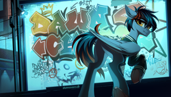 Size: 5000x2840 | Tagged: safe, artist:chamommile, derpibooru import, oc, oc only, oc:dawn chaser, original species, pegasus, pony, blue skin, brown eyes, clothes, colored hooves, commission, ear fluff, ears, full body, graffiti, jacket, looking at you, male, pegasus oc, solo, stallion oc, tail, two toned mane, two toned tail, uniform, unshorn fetlocks, wings, ych result