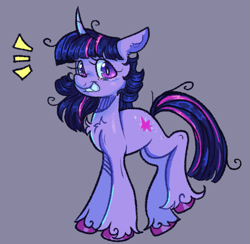 Size: 661x645 | Tagged: safe, artist:kreeeeeez, derpibooru import, twilight sparkle, unicorn twilight, pony, unicorn, g4, chest fluff, colored hooves, curved horn, cute, emanata, female, frazzled hair, grin, horn, looking at you, mare, purple eyes, raised hoof, raised leg, smiling, solo, twiabetes, unshorn fetlocks