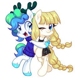 Size: 1300x1300 | Tagged: safe, derpibooru import, oc, oc only, earth pony, pony, 2024 community collab, bipedal, braid, braided tail, derpibooru community collaboration, duo, duo female, female, hug, mare, simple background, tail, transparent background