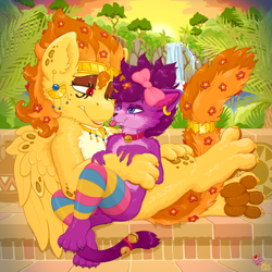 Size: 4600x4600 | Tagged: safe, artist:wispy tuft, derpibooru import, oc, cat, sphinx, :3, bell, bell collar, bow, clothes, collar, cuddling, desert, flower, gold, jewelry, love, oasis, palm tree, paws, relaxing, socks, spots, sunset, tree, water, waterfall, wholesome