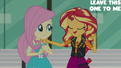 Size: 1920x1080 | Tagged: safe, derpibooru import, edit, edited screencap, editor:quoterific, screencap, fluttershy, sunset shimmer, better together, equestria girls, g4, text support