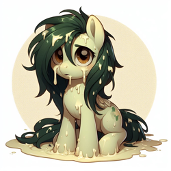 Size: 1024x1024 | Tagged: safe, ai content, derpibooru import, generator:dall-e 3, machine learning generated, oc, oc only, oc:myrtle remedy, batter, distressed, food, messy, prompter needed, solo