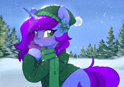 Size: 3508x2480 | Tagged: safe, artist:chickenbrony, derpibooru import, oc, oc only, oc:aliss, alicorn, alicorn oc, clothes, commission, flower, flower in hair, horn, jacket, scarf, snow, snowfall, solo, tree, wings