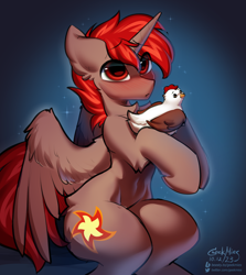 Size: 3447x3858 | Tagged: safe, artist:gicme, derpibooru import, oc, oc:hardy, alicorn, bird, chicken, pony, belly, blushing, high res, male, partially open wings, sitting, solo, spread wings, stallion, wings