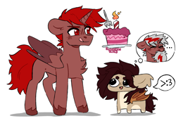 Size: 2741x1921 | Tagged: safe, artist:batavern, derpibooru import, oc, oc:hardy, alicorn, bat pony, pony, birthday cake, cake, chest fluff, concave belly, countershading, duo, female, folded wings, food, fork, height difference, imagination, licking, licking lips, male, mare, physique difference, simple background, stallion, tongue, tongue out, unshorn fetlocks, white background, wings