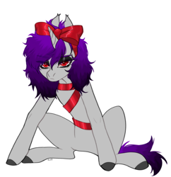 Size: 1964x2025 | Tagged: safe, artist:ruru_01, derpibooru import, oc, oc only, pony, undead, unicorn, vampire, vampony, belly, bow, christmas, concave belly, female, gift wrapped, grumpy, hair bow, holiday, looking at someone, looking at something, present, ribbon, simple background, sitting, slim, solo, thin, white background