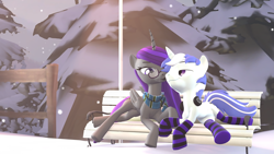 Size: 3840x2160 | Tagged: safe, artist:scratch_wub, derpibooru import, oc, oc only, oc:etheria galaxia, oc:scratch wub, alicorn, unicorn, 3d, bench, clothes, female, imminent kissing, male, outdoors, scarf, shipping, snow, snowfall, socks, source filmmaker, stockings, striped socks, thigh highs, winter