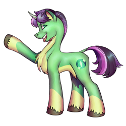 Size: 3000x3000 | Tagged: safe, artist:socialgutbrain777, derpibooru exclusive, derpibooru import, oc, oc only, oc:emerald halfmoon, pony, unicorn, 2024 community collab, :p, blue eyes, chest fluff, derpibooru community collaboration, female, green coat, green fur, happy, purple mane, purple tail, smiling, solo, tail, tongue, tongue out, waving