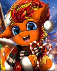 Size: 2550x3209 | Tagged: safe, artist:pridark, derpibooru import, oc, oc only, oc:fireheart(fire), bat pony, candy, candy cane, christmas, clothes, commission, cute, food, hat, hearth's warming, holiday, latex, rubber, santa hat, scarf, snow, snowfall, solo, striped scarf, ych result