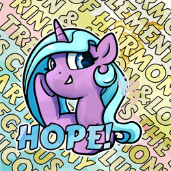 Size: 1000x1000 | Tagged: safe, artist:brella, derpibooru import, radiant hope, crystal pony, g4, signature, solo, text