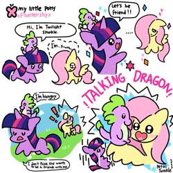 Size: 1200x1200 | Tagged: safe, artist:petaltwinkle, derpibooru import, fluttershy, spike, twilight sparkle, unicorn twilight, dragon, pegasus, pony, unicorn, friendship is magic, g4, blush lines, blushing, comic, crying, crylight sparkle, cute, dialogue, ears, exclamation point, female, floppy ears, male, mare, open mouth, open smile, riding, scene interpretation, shyabetes, simple background, smiling, speech bubble, spike riding twilight, trio, white background