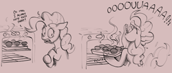 Size: 2397x1016 | Tagged: safe, artist:pinfeather, derpibooru exclusive, derpibooru import, pinkie pie, earth pony, pony, g4, baking, burning, cupcake, female, food, mare, mini comic, oven, pizza tower, ponified, screaming, simple background, sketch, solo, species swap