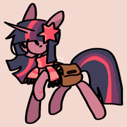 Size: 1500x1500 | Tagged: safe, artist:cutiesparke, derpibooru import, twilight sparkle, unicorn twilight, pony, unicorn, alternate hairstyle, bag, clothes, ears back, female, glasses, hair accessory, hoof heart, raised hoof, raised leg, round glasses, saddle bag, scarf, simple background, solo, underhoof