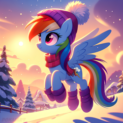 Size: 2048x2048 | Tagged: safe, ai content, derpibooru import, generator:dall-e 3, machine learning generated, rainbow dash, pegasus, pony, g4, building, clothes, cloud, cute, dashabetes, female, fence, hat, hoof boots, lightly watermarked, mare, prompter:ponaiart, scarf, sky, smiling, snow, solo, spread wings, tree, watermark, wings, winter, winter hat, winter outfit