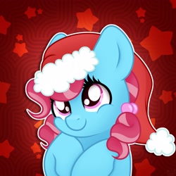 Size: 3500x3500 | Tagged: safe, artist:sweet cream, derpibooru import, cup cake, earth pony, pony, g4, abstract background, bust, christmas, commission, cute, cute cake, female, hat, holiday, mare, santa hat, smiling, solo, ych result
