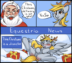Size: 1638x1442 | Tagged: safe, artist:kittytitikitty, derpibooru import, derpy hooves, pegasus, pony, blushing, chest fluff, christmas, comic, delivery, delivery pony, facial hair, featureless crotch, holiday, present, santa claus, sketch, underhoof